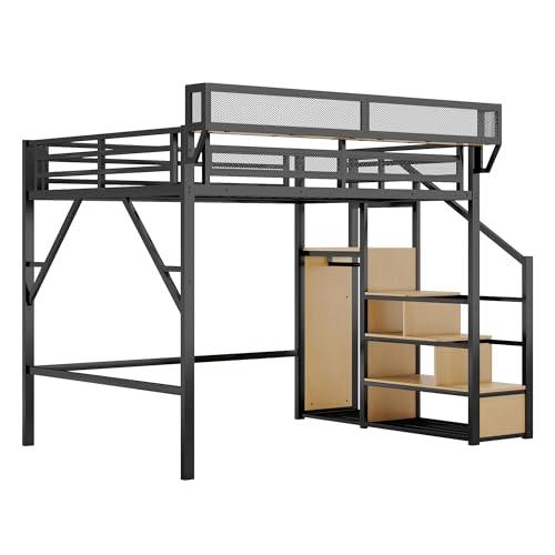KEIKI Queen Size Metal Loft Bed Frame with Convertible Staircase, Built-in Storage Shelves & Wardrobe, Loft Bed with Solid Slats & Guardrail, No Box Spring Required, Easy Assembly, for Bedroom, Black