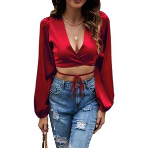 LYANER Women's Satin Wrap V Neck Criss Cross Tie Long Sleeve Crop Blouse Top (Large, Wine Red)