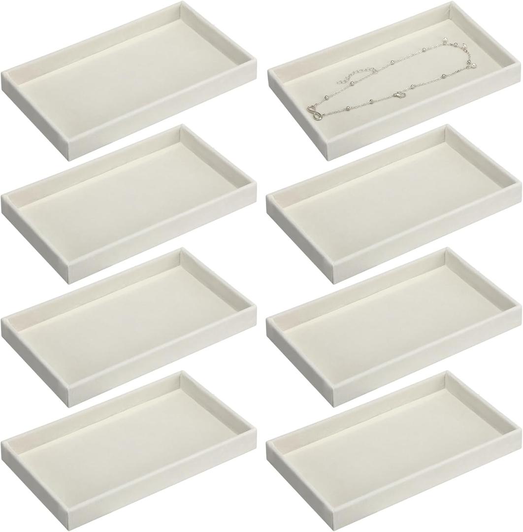Inbagi 8 Pcs Small Velvet Jewelry Tray Stackable Jewelry Drawers Organizer Trays Jewelry Storage Trays 8.3 x 4.7 x 1 Inches (Beige)