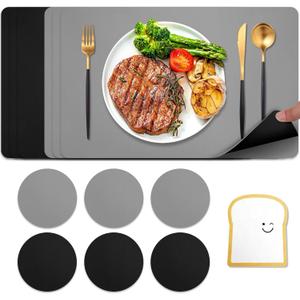 Faux Leather Placemats Set of 6,Dual Sided Table Mats,Waterproof Wipeable Washable PU Table Mats,Heat Resistant Dual Sided Two Color Mats for Kitchen/Dining/Party,6 Coaster, Black Silver