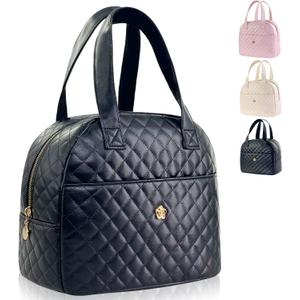 Mziart Insulated Lunch Bag for Women Men, PU Leather Lunch Tote Bag for Women Aesthetic Lunch Box Bag Thermal Bento Cooler Bag Sack Food Handbags for Work Office Picnic Travel (Black)