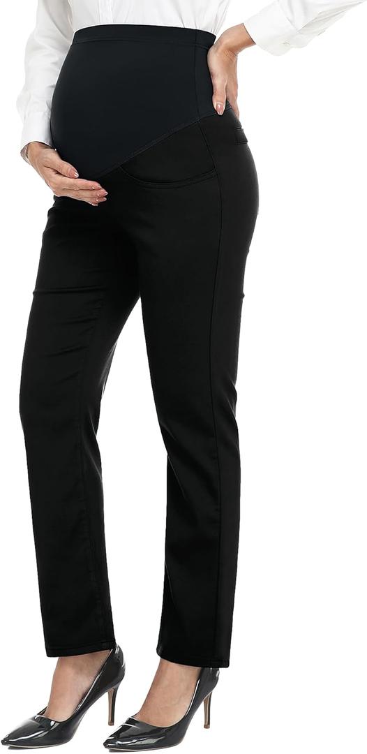 PACBREEZE Women's Maternity Pants for Work Over-Bump Pregnancy Casual Stretchy Straight Dress Pants with Pockets (XX-Large, 01 Update Black)