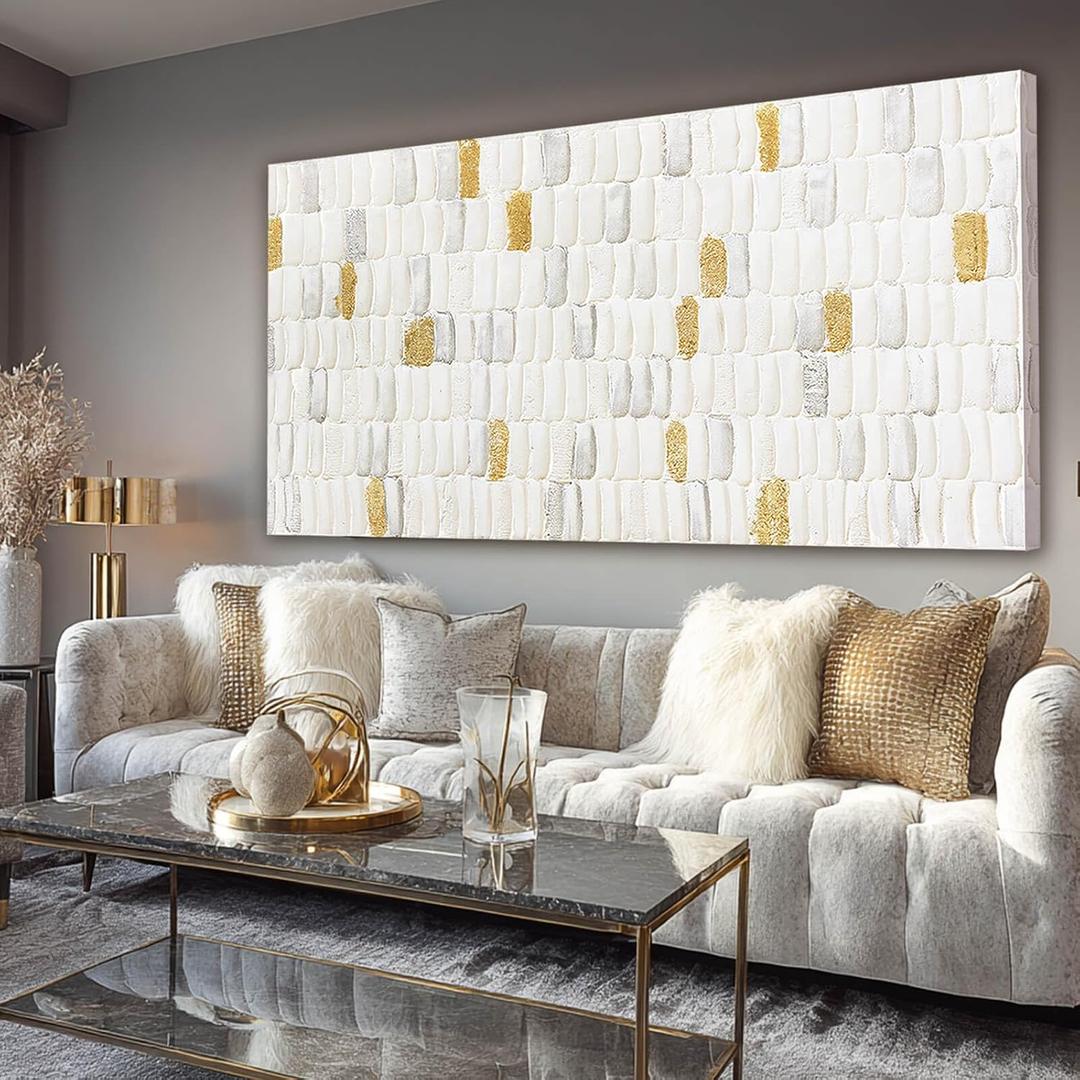 YETHEN WAL White and Gold Abstract Wall Art, Textured Geometric Canvas Painting, Neutral Modern Minimalist Wall Decor for Living Room Bedroom Office 20x40 Inch