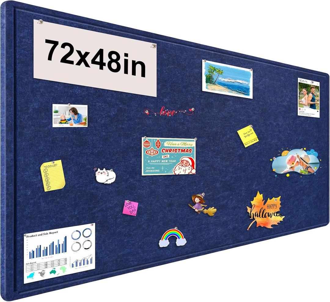 Large Bulletin Board, 72x48 Inches Cork Board Alternative, Large Felt Board Decorative Pin Board for Wall, Foldable Photo Board Self-Adhesive Vision Board with 36 Pushpins Dark Blue, Extra Large