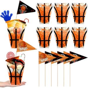 8 Sets Plastic Basketball Popcorn Boxes with Pennant Flags 5"x 6.3" Senior Night Basketball Party Decorations Concession Stand Supplies Team Gift Basket for Sport Party Favors Birthday Supplies (EXP 12/31/27)