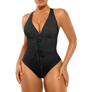 SHAPELLX Women One Piece Swimsuits Tummy Control Bathing Suits Push Up Slimming Swimwear with Built-in Bra V Neck Black, XL
