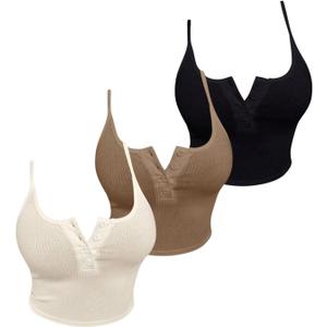 SOLY HUX Women's Button Down Ribbed Cami Top 3 Piece Spaghetti Strap Sexy Crop Camisole Tops (Medium, Beige Brown Black)