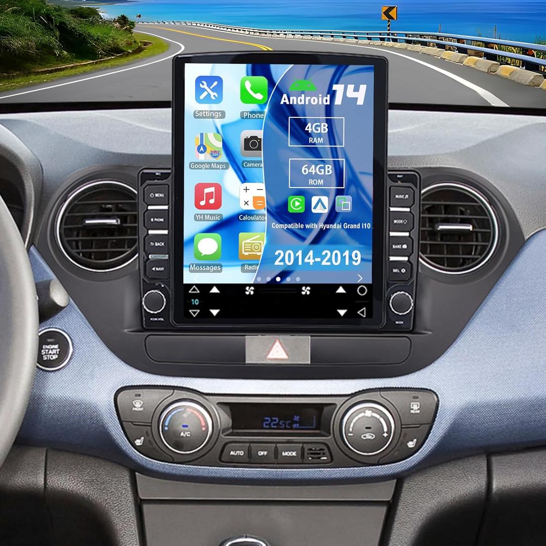 Android 14 Double Din Car Radio Compatible with Hyundai Grand I10 2014-2019, 4G+64G 9.7" Touch Screen Car Stereo with Wireless Carplay Android Auto GPS WiFi Mic Backup Camera