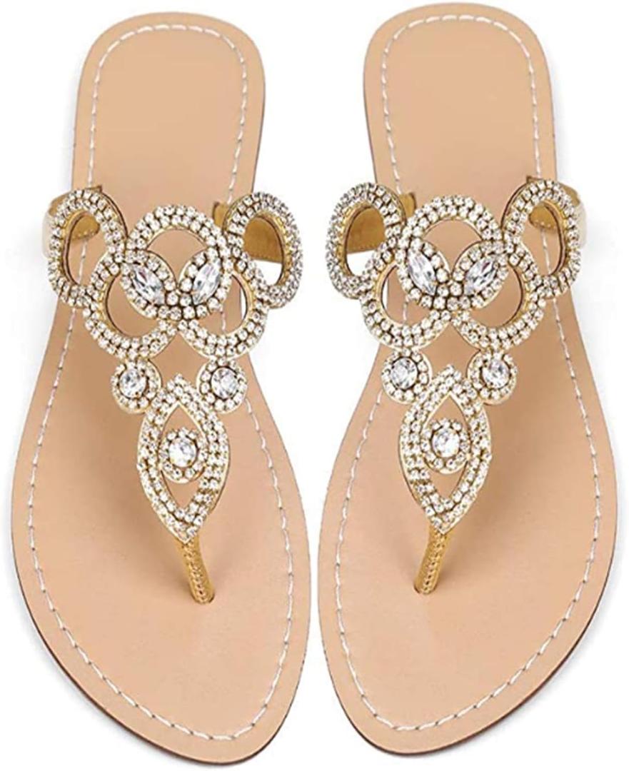 AIJIVOU Women's Rhinestone Flat Sandals, Women Flip Flops with Clip Toe RingBeadeed Rhinestone Crystal Jeweled Sandal Shoes for Summer Beach Oceanside Holiday Outdoor (11, Gold#2)