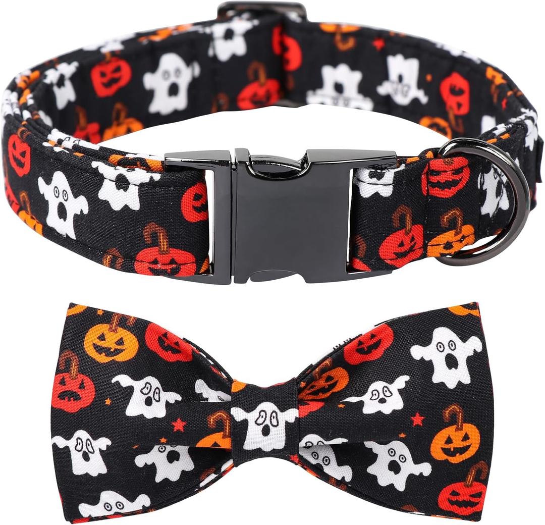 Maca Bates Halloween Dog Collar Spooky Ghost Dogs Collars with Bow Black and White Puppy Colar with Bowtie Adjustable Birthday Gift for XS Small Medium Large XL Girls Boys Male Female Dogs Pet