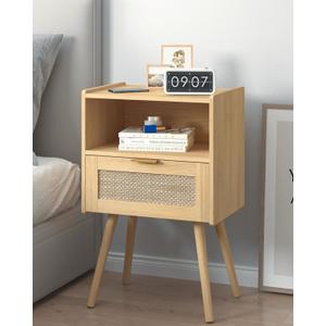 Nightstand, Modern Bedside Table with Storage Drawer and Open Wood Shelf, Accent Night Stand with Solid Wood Legs for Living Room, Bedroom and Small Spaces, Easy Assembly (Oak-Rattan)