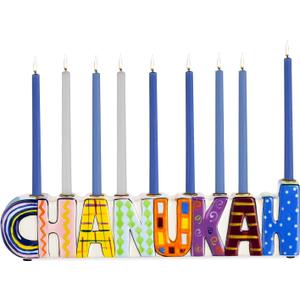 Rite Lite Chanukah Multicolor Menorah - Hand Painted Ceramic Colorful Menorah Whimsical Designs Kids for Hanukkah Gifts Jewish Holiday Party Favors Festival of Lights