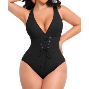 SHAPELLX Women One Piece Swimsuits Tummy Control Bathing Suits Push Up Slimming Swimwear with Built-in Bra V Neck (Black, L)