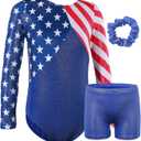 BAOHULU Gymnastics Leotards for Girls Patriotic Glitter Long Sleeve Dancewear with Matching Shorts Set (13-14 Years)