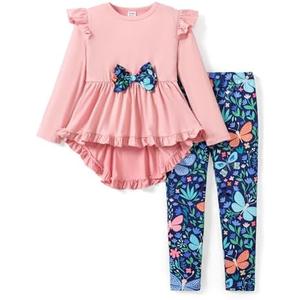 PATPAT Toddler Kids Girls 2Pcs Clothes Set Bowknot Design Ruffle Hem Long Sleeve Top and Floral Print Pant Outfits Size 4-5