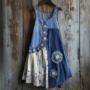 Floral Denim Textile Lace Hem Patchwork Tank Top  XL, 