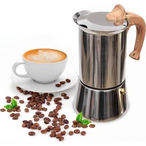 Induction Moka Pot, Stainless Steel, Stovetop Espresso Coffee Maker, 4 Cup/200ml/7.0oz, Easy to Use and Clean, Camping Home Use | for Mocha Cappuccinos, Lattes (Silver)