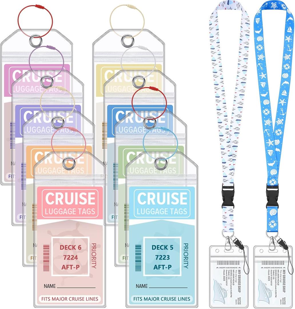 8 Pack Cruise Luggage Tags & 2 Pack Cruise Ship Lanyards with Waterproof ID Holder Luggage Tags Holders with Seal and Steel Loops for Cruise Essentials