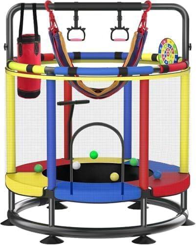 Trampoline for Kids, Full Anti-Rust 440lbs Anti-Rollover Round Bottom Toddler Trampoline, T-handrail Adjustable Baby Toddler Trampolines Dart Board, A2-Dark Red Yellow Blue