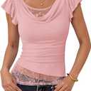 ZESICA Women's Summer Going Out Tops Ruffle Short Sleeve Cowl Neck Shirts | Casual Lace Trim Ruched Slim Fit Tee Shirt, Boho Daily Date Night Vacation Y2K Blouses, Fashion Trendy Outfits Clothes (Pink, L)