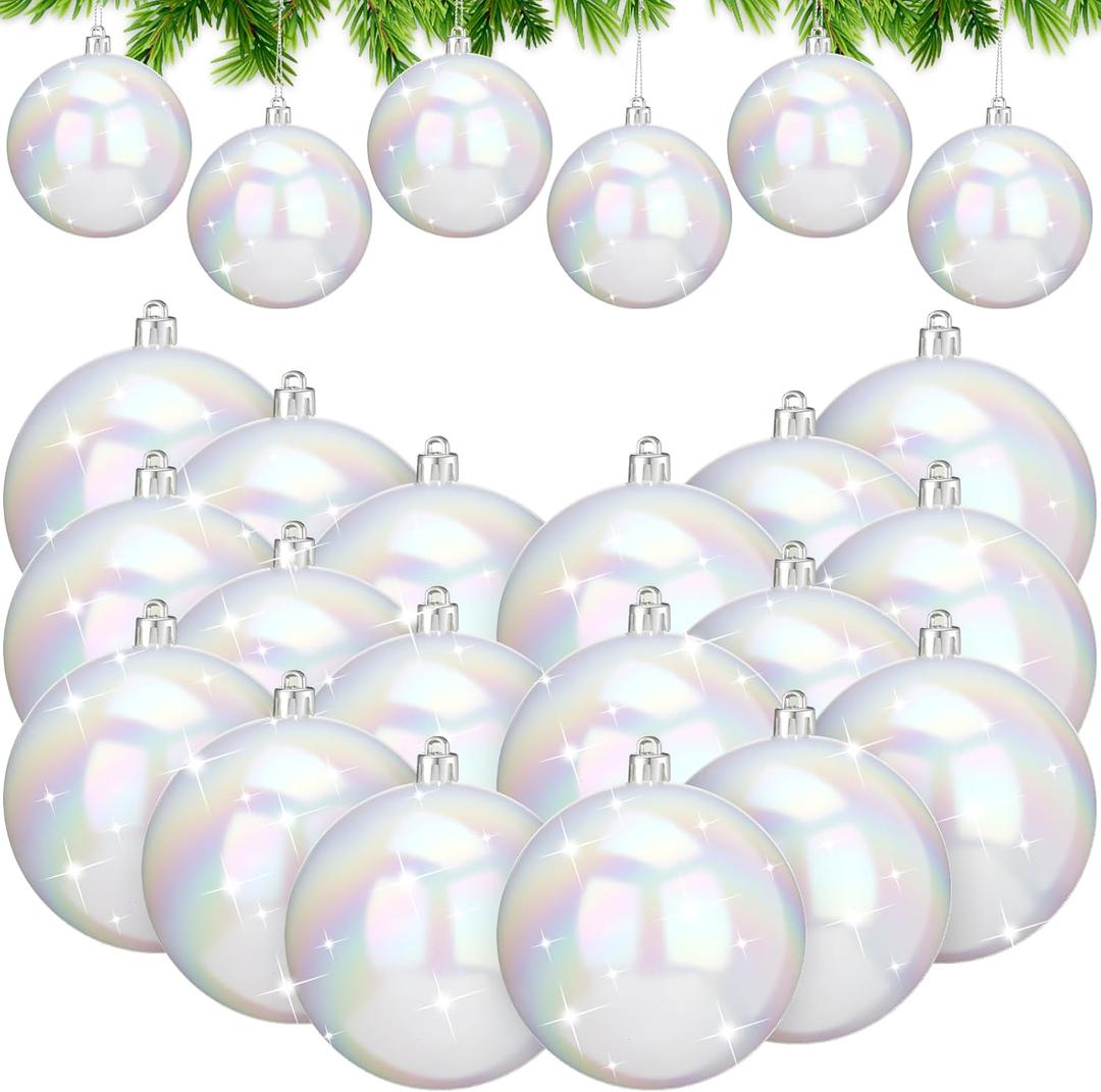 Liliful 24 Pcs White Snowball Ornaments 3" Glitter Christmas Ball Plastic Shatterproof Frosted Shiny Christmas Hanging Ball Holiday Iridescent Bauble Ornaments for Xmas Tree Decoration (Iridescent)