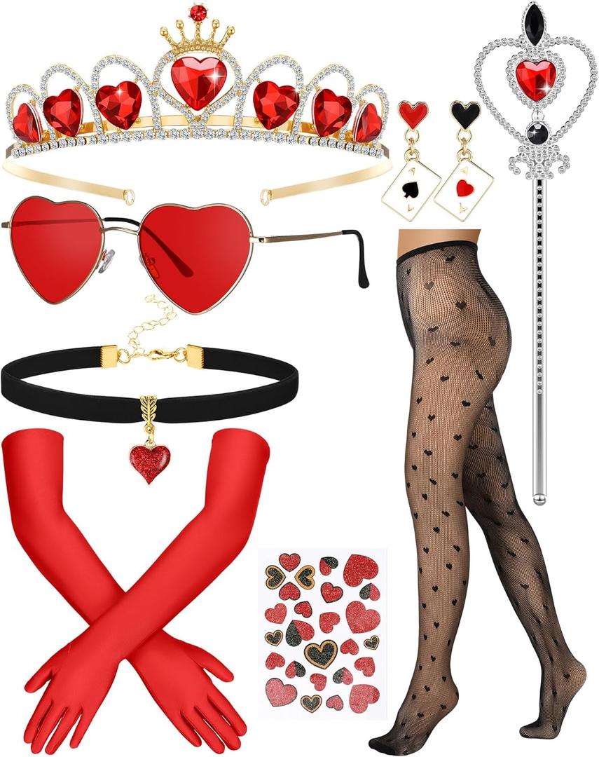 Remuuly 9 Pcs Queen Halloween Costume Accessories Crown Red Heart Sunglasses Black Choker Tattoo Stickers Earrings Long Satin Gloves High Waist Fishnet Tights Gem Scepter for Women