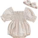 ZAXARRA Infant Baby Girl Plaid Romper Baby Pleated Romper Ruffle Festival Bodysuit Spring Summer Clothes with Headband (12-18 Months, Khaki)