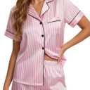 LYANER Women's Satin Silky Pajamas Set Short Sleeve Button Shirt with Shorts Pjs Sleepwear Loungewear (Pink, S)