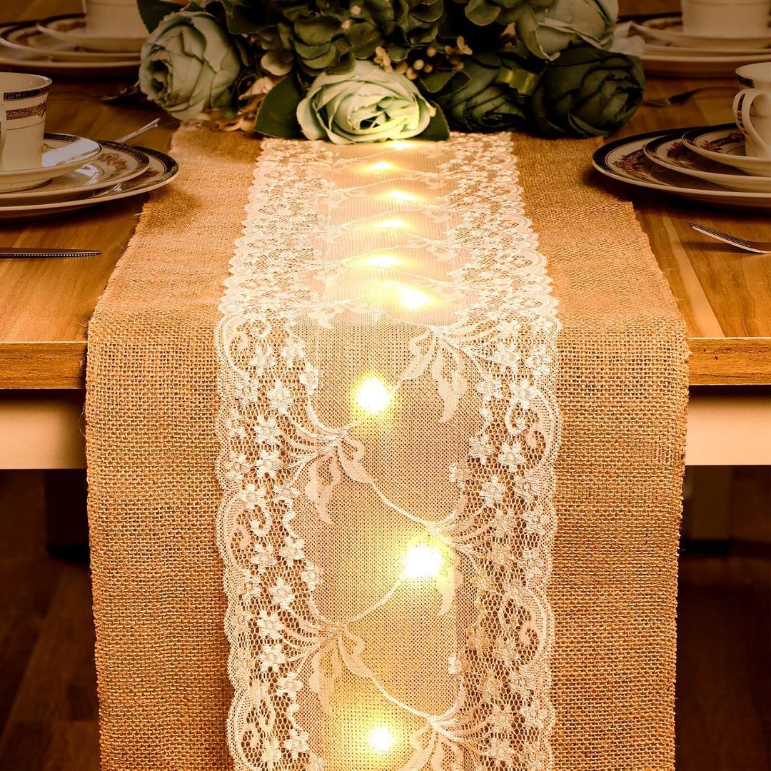 Burlap Table Runner with LED String Lights Rustic 12 x 108 Christmas Tablecloth Lighted Table Runner Farmhouse Decor for Wedding Bridal Shower Xmas Holiday