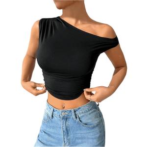 SHENHE Women's Summer One Shoulder Sleeveless Cropped Top Casual Asymmetrical Crop Tank Top (Black,Small)
