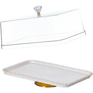 Basicwise 16" Rectangular Cake Stand Dessert Serving Platter with Clear Tray and Cover Gold Pedestal Base Beaded Edge Display for Cakes Pastries & Cupcakes Ideal for Weddings & Special Occasions