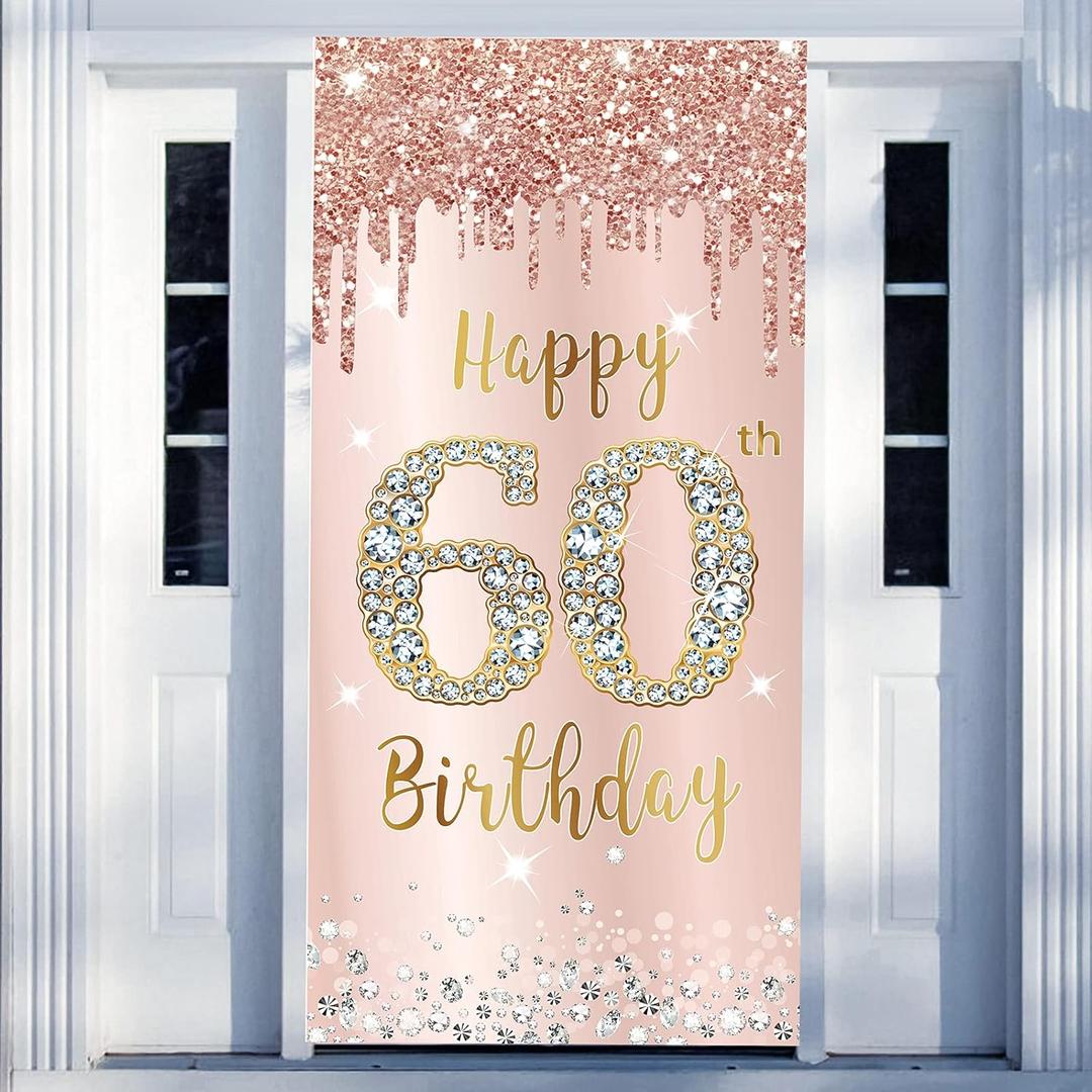 60th Birthday Door Banner Decorations for Women, Pink Rose Gold Happy 60th Birthday Door Cover Backdrop Party Supplies, Large Sixty Year Old Birthday Poster Sign Decor (Pink Rose Gold 60th)