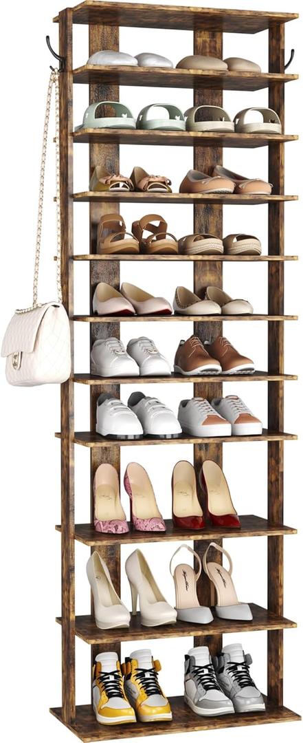 HOMEFORT 10-Tier Vertical Shoe Rack, Corner Shoe Tower, Double Rows 10 Tiers Shoe Shelf, Slim Shoe Storage Unit for 20 Pairs of Shoes, Shoe Stand for Entryway, Hallway, Closet (Rustic Brown)