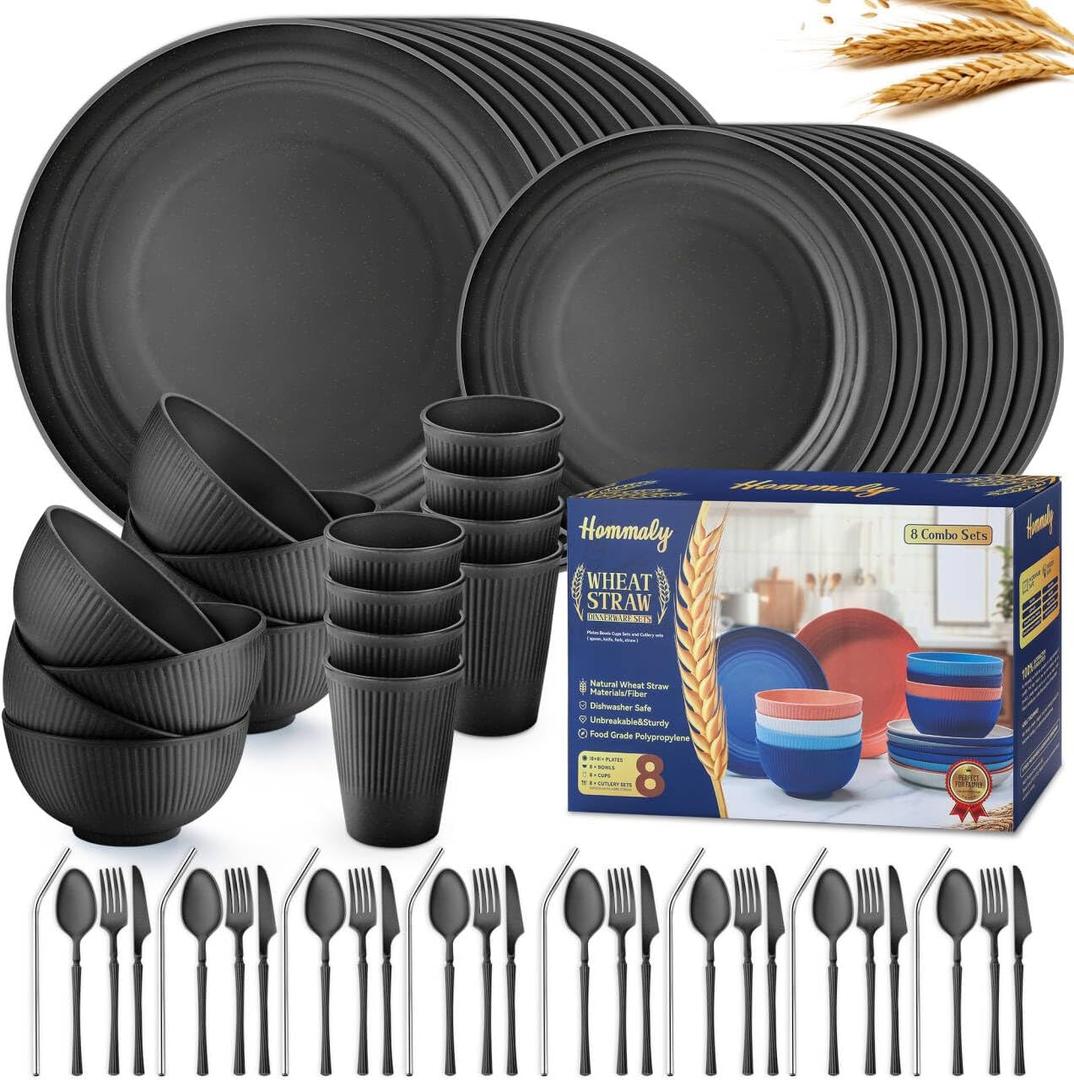 Wheat Straw Dinnerware Sets, 64-Piece Black Plates and Bowls Sets for 8-Unbreakable, Reusable Plastic Dish Set-Dinner Plate/Dessert Plate/Cereal Bowl/Cup/Utensils-Microwavable Dishwasher Safe 64P-BLACK