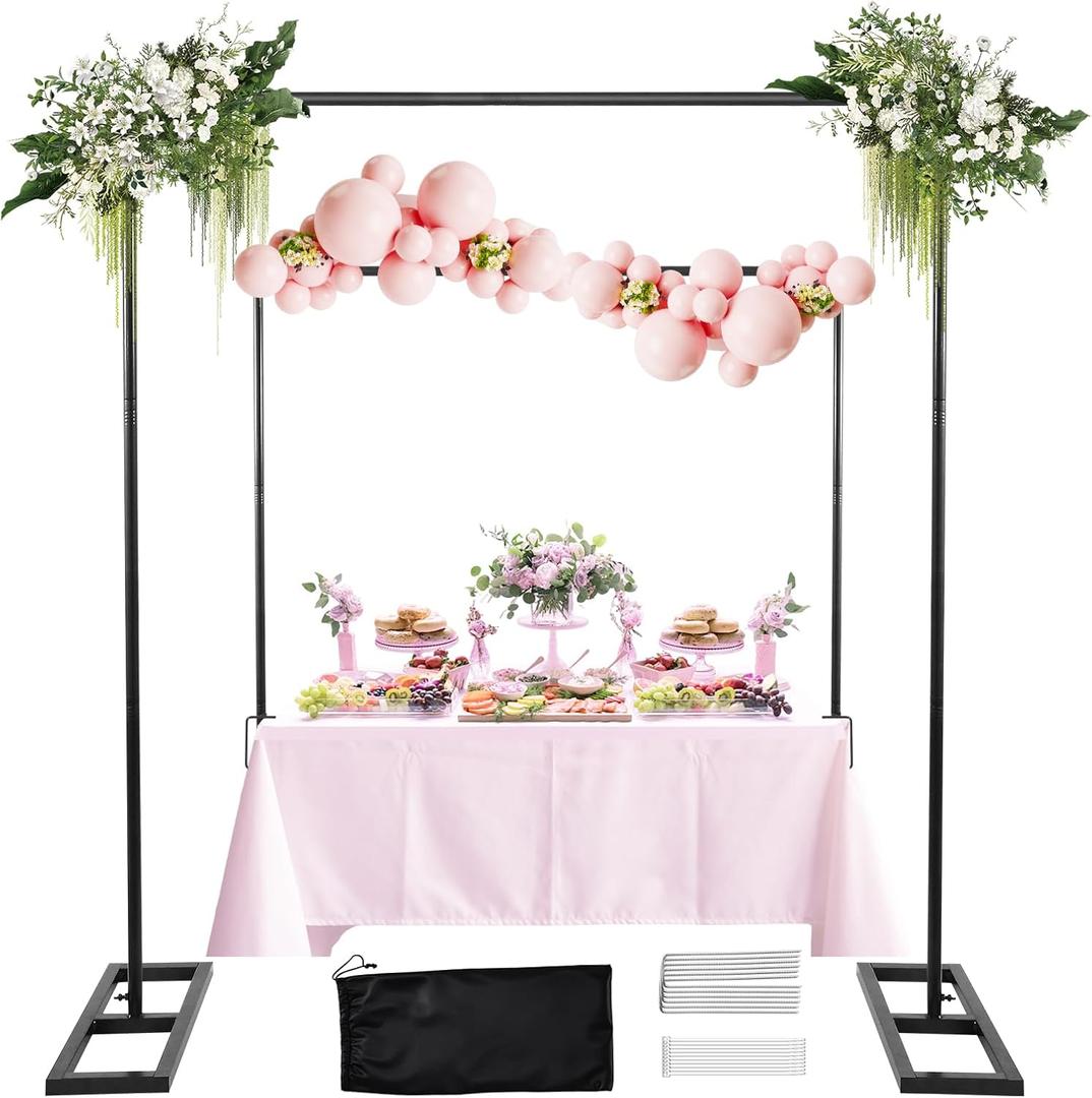 8.2FT Square Wedding Arch, Metal Black Heavy Duty Balloon Arch Adjustable Stand, Photoshoot Backdrop Stand Kit, Change Over The Table Rod Stand with Clamps for Baby Shower Party