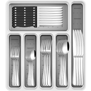 49-Piece Stainless Steel Silverware Set with Cutlery Organizer, Service for 8 with Steak Knives and Kitchen Utensils
