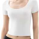 PUMIEY Women's Scoop Neck Short Sleeve T Shirt Slim Fit Sexy Tops Smoke Cloud Collection (Medium, 02 Splashed White)