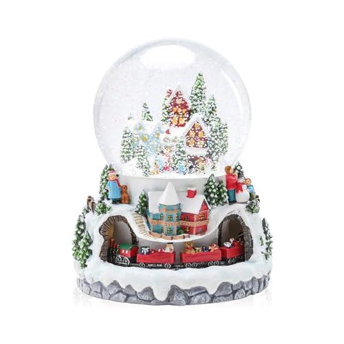 Taman Christmas Snow Globe, Xmas Village with Moving Train Musical Swirling Glitter Snowflakes Lighted Christmas Decorations Tabletop Home Décor