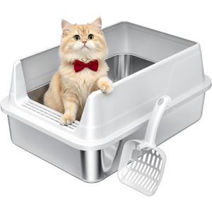 Stainless Steel Litter Box with High Sides, Small Metal Litter Box for Kittens & Senior Cats, Open Top Low Entry Non-Stick Easy Clean with Scoop, Gray