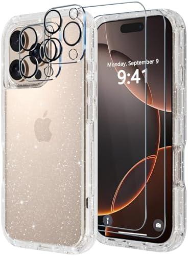 Diverbox for iPhone 16 Pro Max Case [Shockproof] [Dropproof] [Tempered Glass Screen Protector + Camera Protectors] Heavy Duty Protection Phone Case Cover for Apple iPhone 16 Pro Max (Glitter Clear)