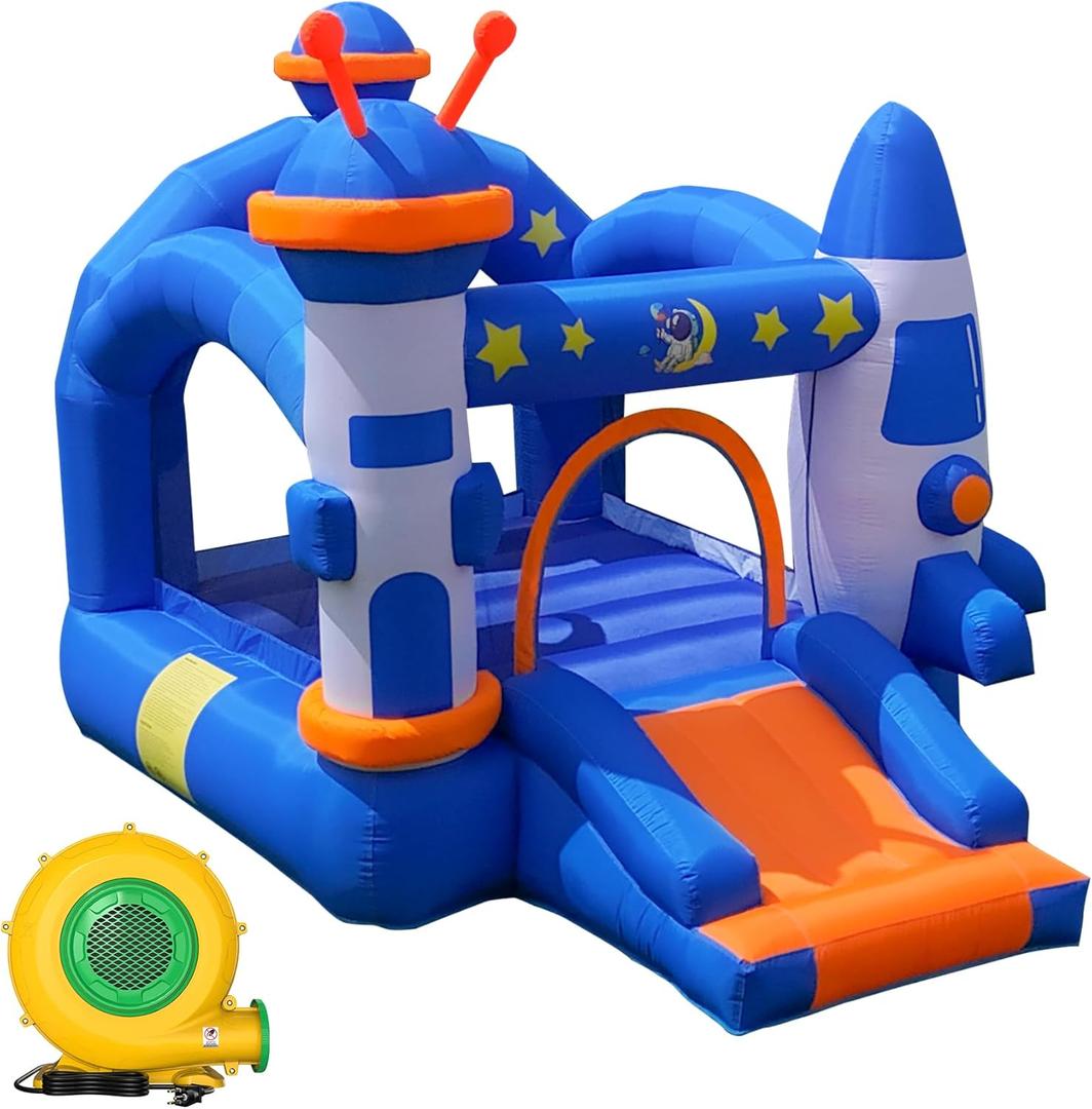 Bounce House, Inflatable Bouce House for Kids 3-6 with Basketball Hoop Jump Area and Slide, Space-Themed Inflatable Bouncy Castle with Air Blower for Indoor/Outdoor