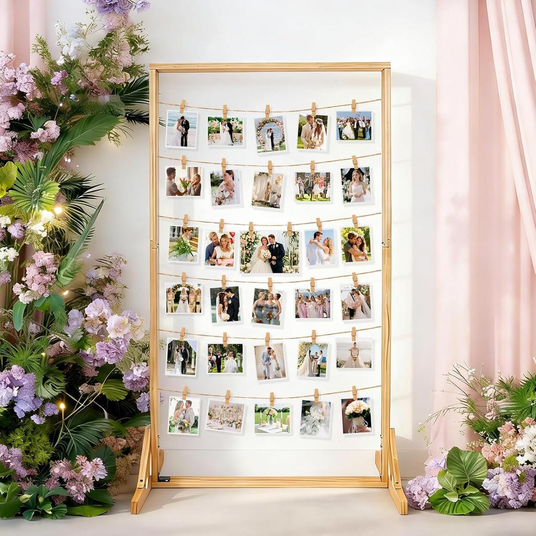 47 Inch Wedding Photo Display Frame Board Collage Picture Frame with String and 30 Clips Wood Pictures Photos Frames With Stand for Wedding Bridal Graduation Party Birthday