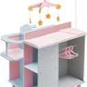 Olivia's Little World 6-in-1 Wooden Baby Doll Changing Station with Crib, Changing Table, High Chair, Double-Door Closet, Sink and Washing Machine, Multicolored (Pink/Grey)