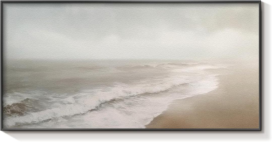 HUARCEY Sand Texture Canvas Wall Art 20"x40", Black Metal Framed Neutral Coastal Horizon Painting Print Modern Minimalist Misty Ocean Artwork for Living Room Bedroom Office Gallery Wall Decor