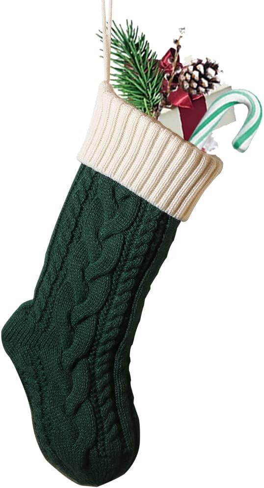 Nanou Christmas Stockings 18" Knitted Christmas Socks Family Holiday Decorations Great Big Stockings for Gift to Family, Friends and Kids (Green(Body)+Ivory (Mouth), Length 18",Pack 1)