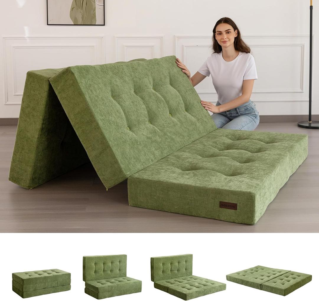 MAXYOYO Tri-Fold Mattress, 6 Inch Tufted Folding Mattress with Chenille Fabric, Portable Queen Size Floor Guest Mat for Adults, Foldable Topper for Camping, Green