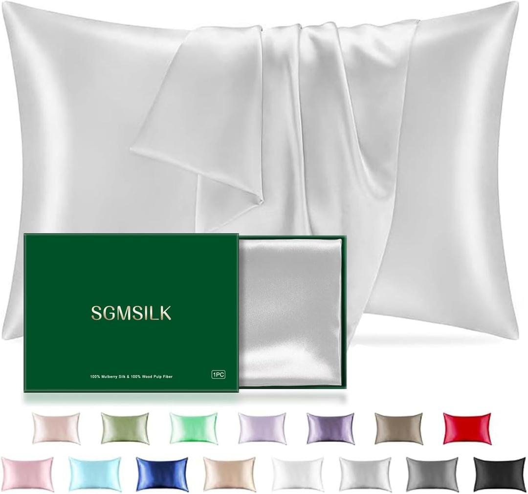 Mulberry Silk Pillowcase for Hair and Skin, SGMSILK 22 Momme Natural Silk Pillow Cases with Zipper, 6A Soft and Smooth Single Sided Pure Silk Pillow Cover (Light Gray, Queen 20"x30")