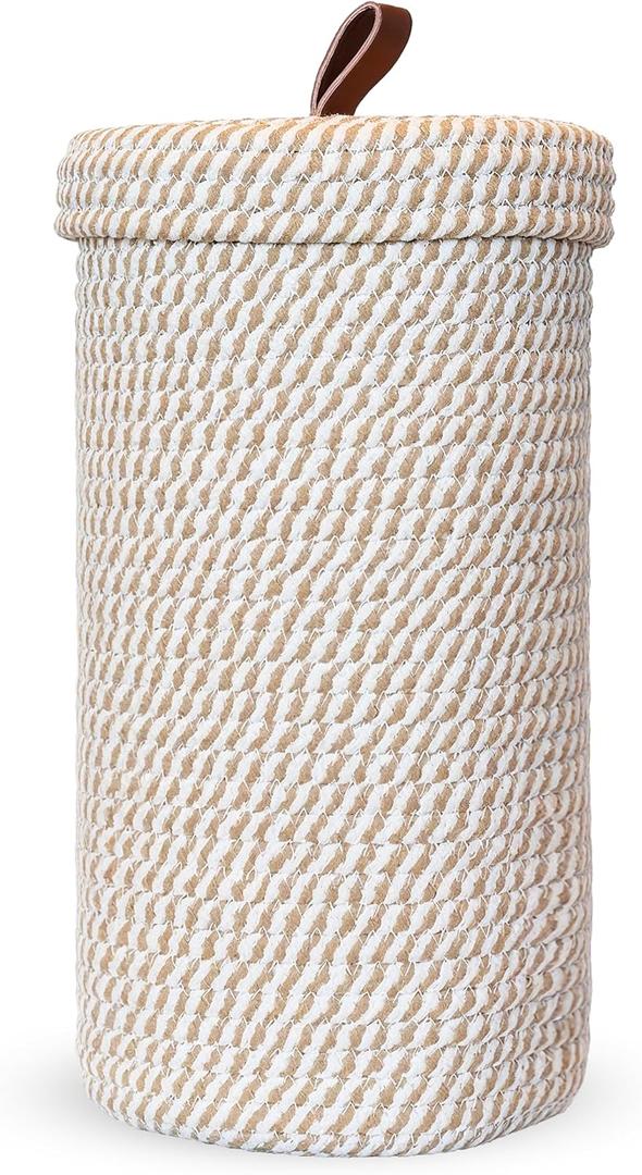 Toilet Paper Holder Handmade Woven Cotton Toilet Paper Stand & Storage Basket with Lid, Freestanding Organizer for Bathroom, Fits 3 Mega Rolls Gradient Brown 14'' x 7''