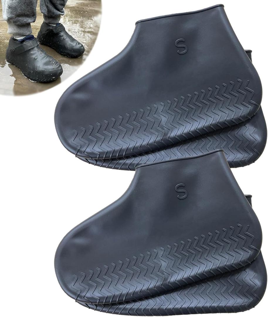 Waterproof Shoe Covers 2 Pairs,Rain Shoe Covers Reusable Silicone Non Slip Shoe Covers for Outdoor,Rain Shoe Covers for Women and Men (Black, Small) (S (Kids 3-5 year))