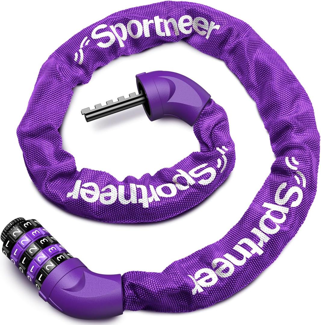 Sportneer Bike Lock: 5 Digit Combination High Security Anti Theft Bike Chain Lock - 3.2/3.6/4ft Heavy Duty Keyless Bicycle Lock for Bike, Motorcycle, Scooter, Door & Gate - 4/6mm Thick, Easy to Use (Purple)